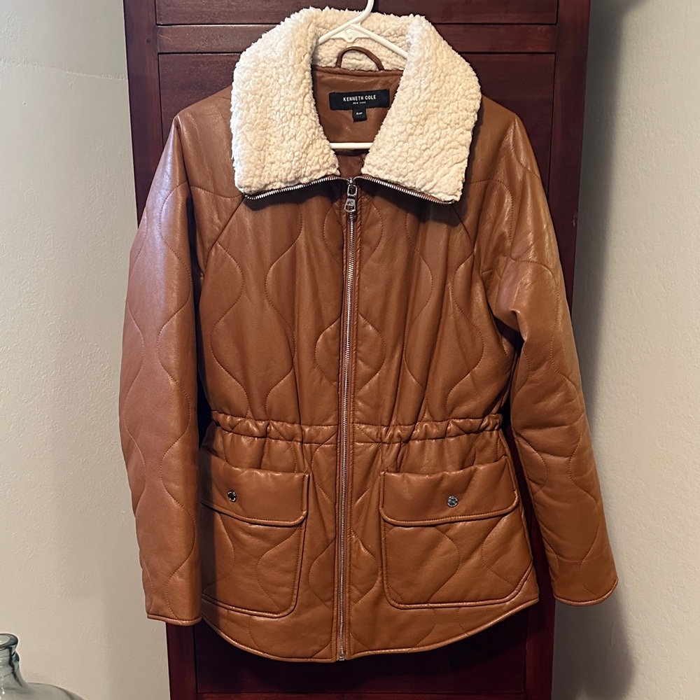 Kenneth Cole Women's Tan Leather Jacket with White Collar
